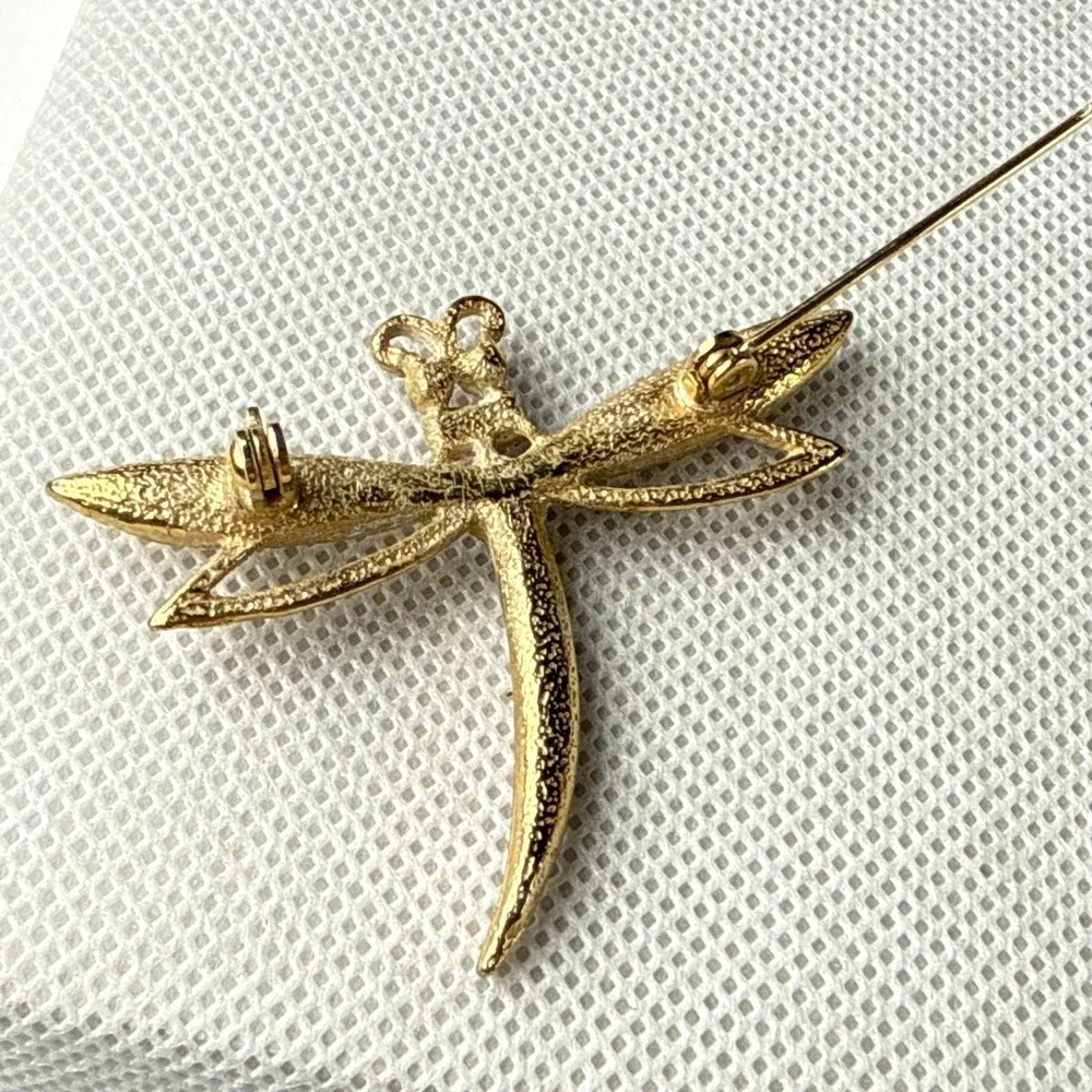 Vintage Brooch Lot 2‎ Butterfly Red Enamel Dragonfly Faux Pearl Gold Tone Pins